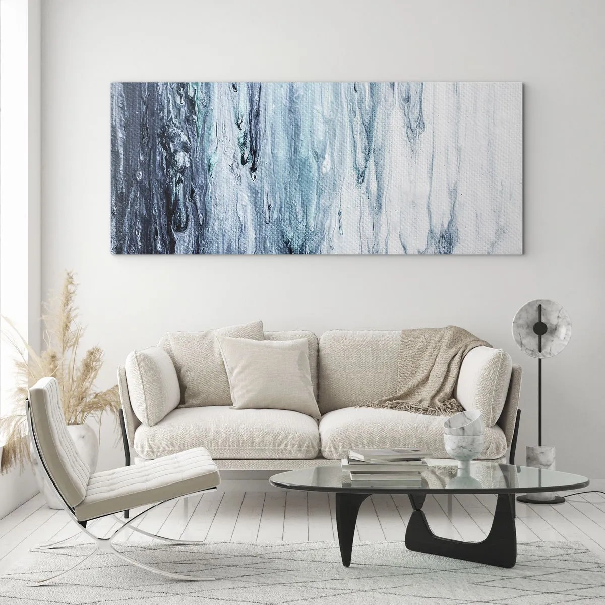 Quadro su vetro - Striature astratte blu e bianche che ricordano i ghiaccioli - 140x50cm - Ghiaccio blu - Decorazione murale moderna per soggiorno e camera da letto ARTTOR