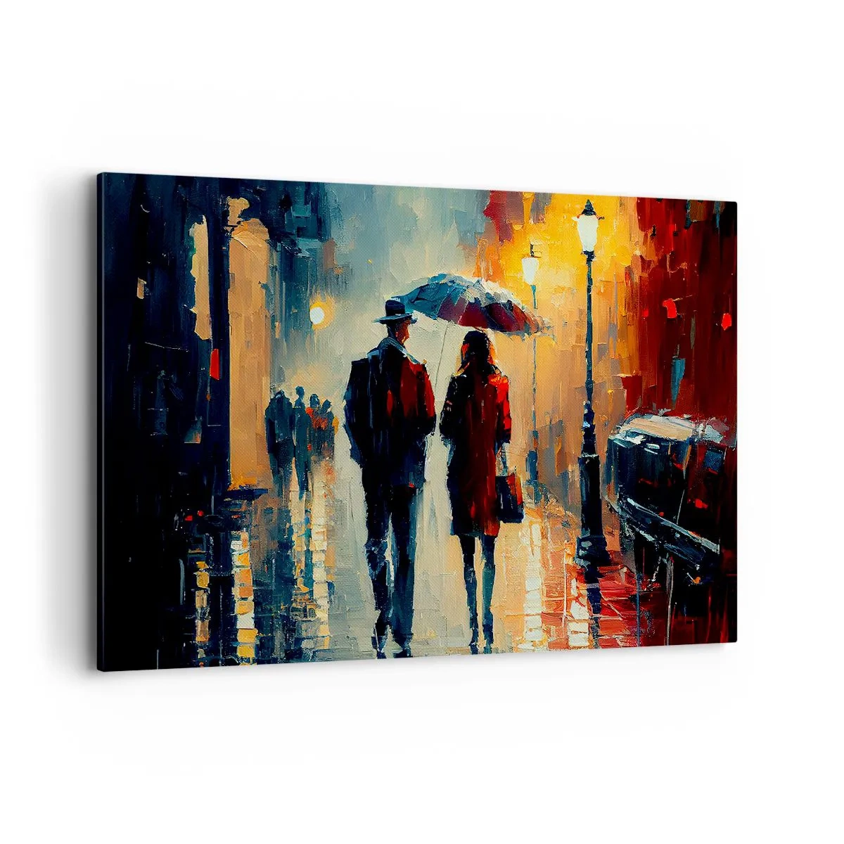 Quadro su tela - Stampe su Tela - Camminare sotto la pioggia sotto un ombrello in città di notte - 120x80cm - Love story cittadina - Decorazione murale moderna per soggiorno e camera da letto ARTTOR