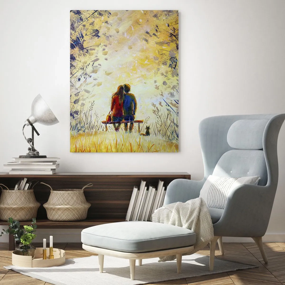 Quadro su vetro - Una coppia seduta su una panchina tra gli alberi autunnali alla luce del sole - 80x120cm - Attimo magico - Decorazione murale moderna per soggiorno e camera da letto ARTTOR