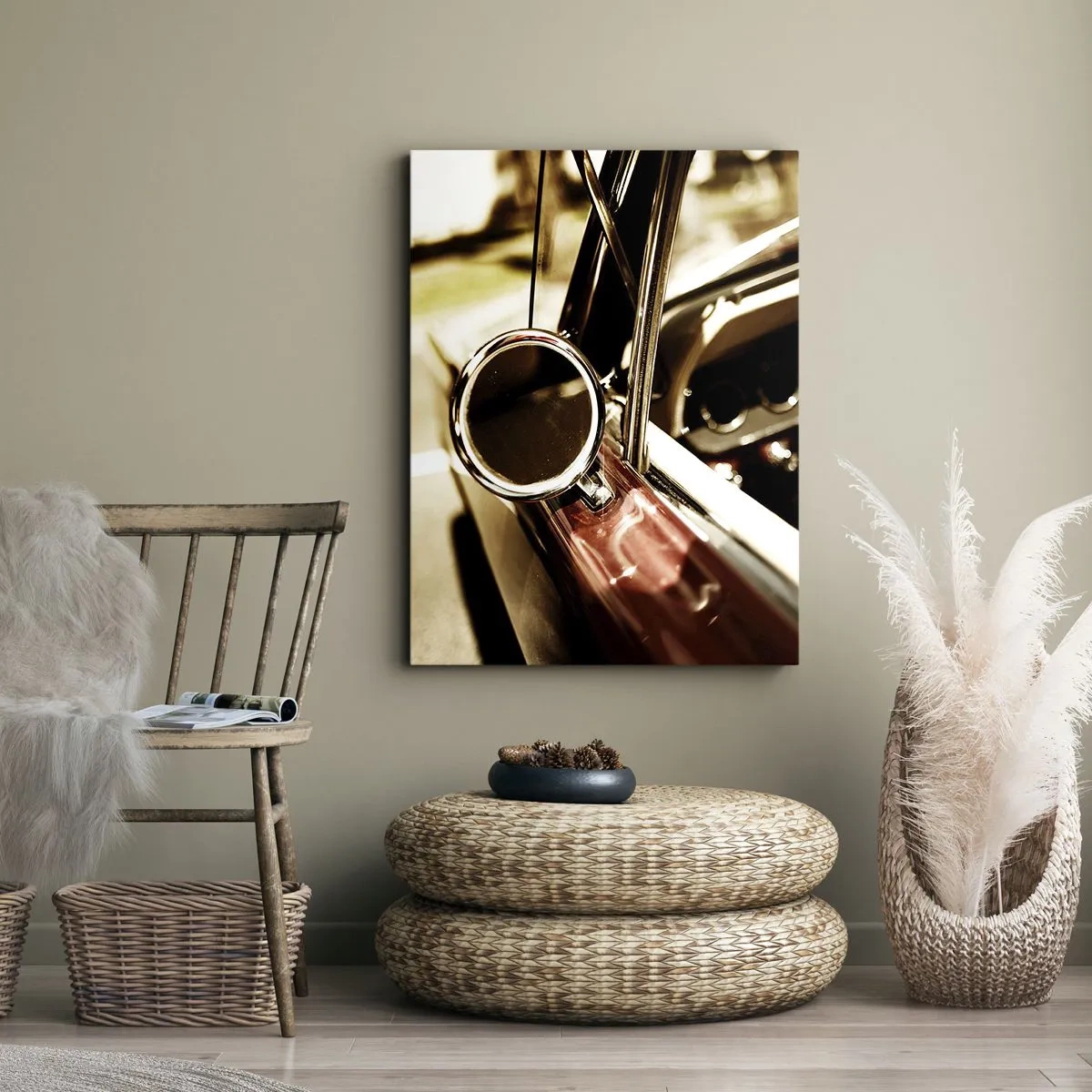 Quadro su tela - Stampe su Tela - Primo piano dello specchietto e degli interni di un'auto retrò classica - 70x100cm - Auto con un'anima - Decorazione murale moderna per soggiorno e camera da letto ARTTOR