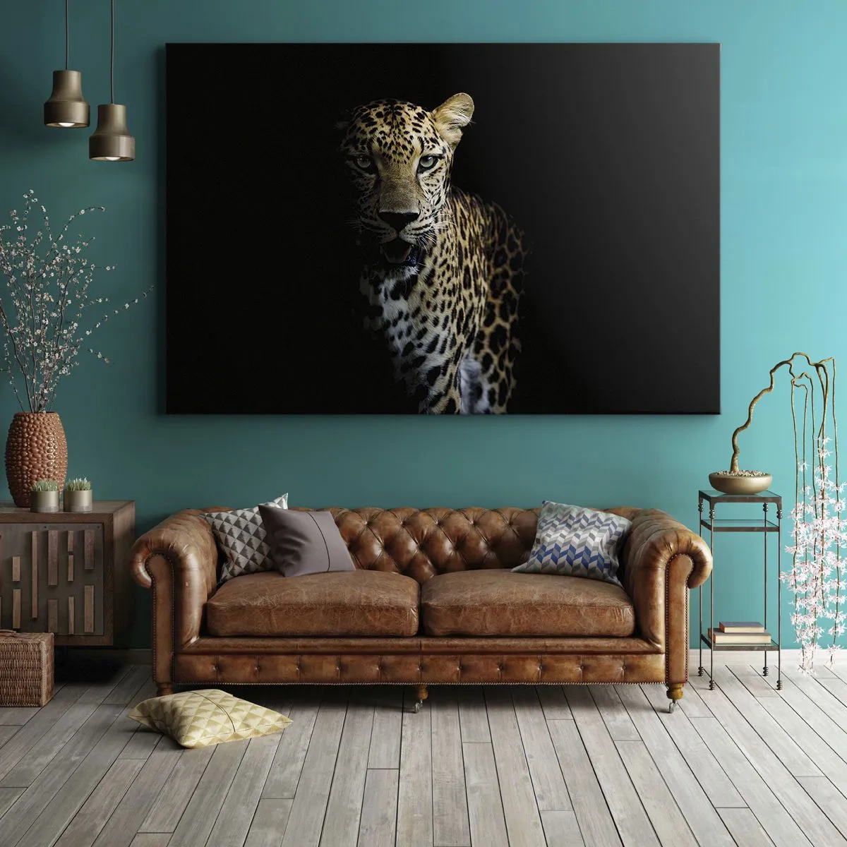 Quadro su tela - Stampe su Tela - Un leopardo su sfondo scuro con sguardo intenso - 120x80cm - Bellezza tenebrosa - Decorazione murale moderna per soggiorno e camera da letto ARTTOR