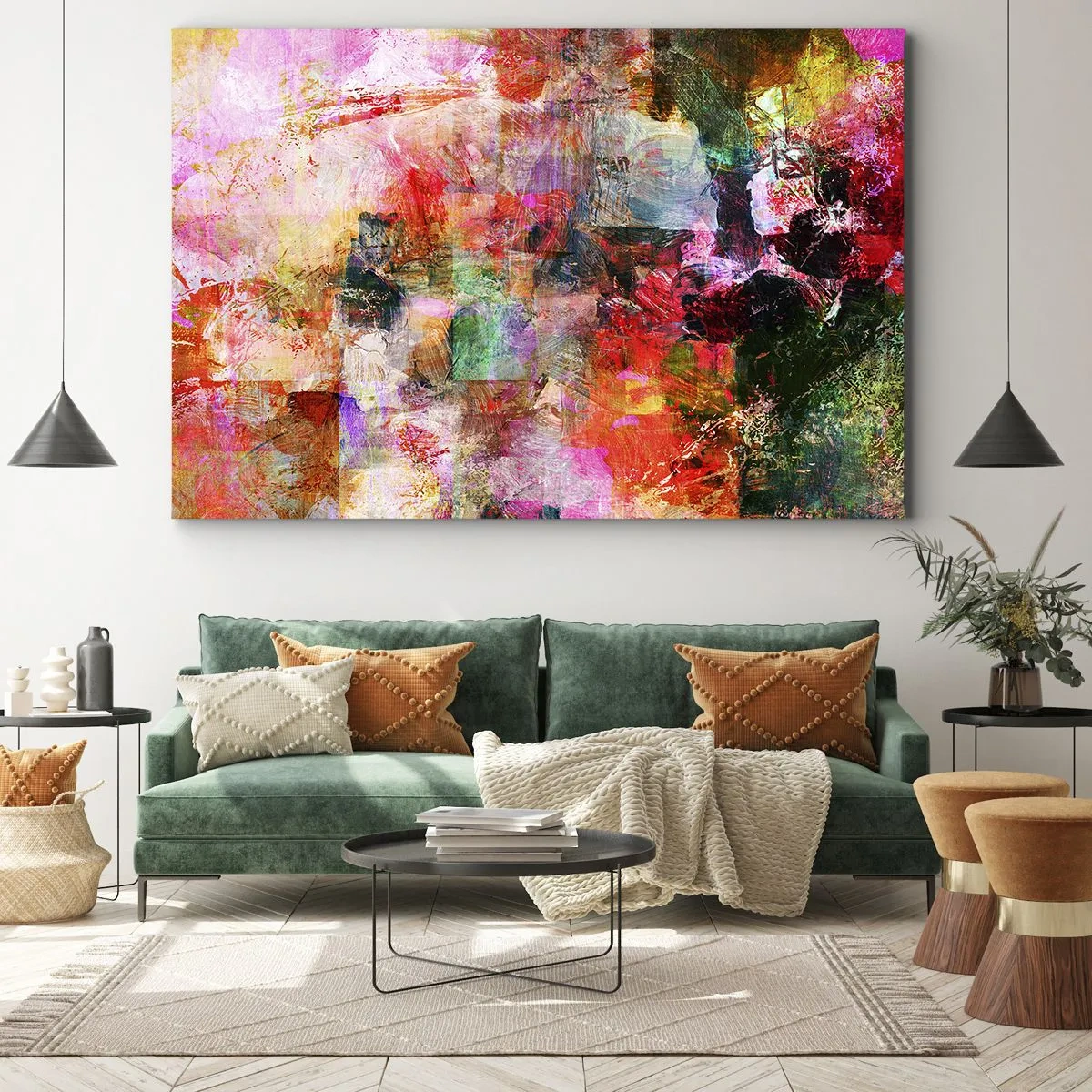 Quadro su tela - Stampe su Tela - Una composizione astratta con tonalità dominanti di rosa e rosso. - 120x80cm - Viaggio attraverso le rose - Decorazione murale moderna per soggiorno e camera da letto ARTTOR