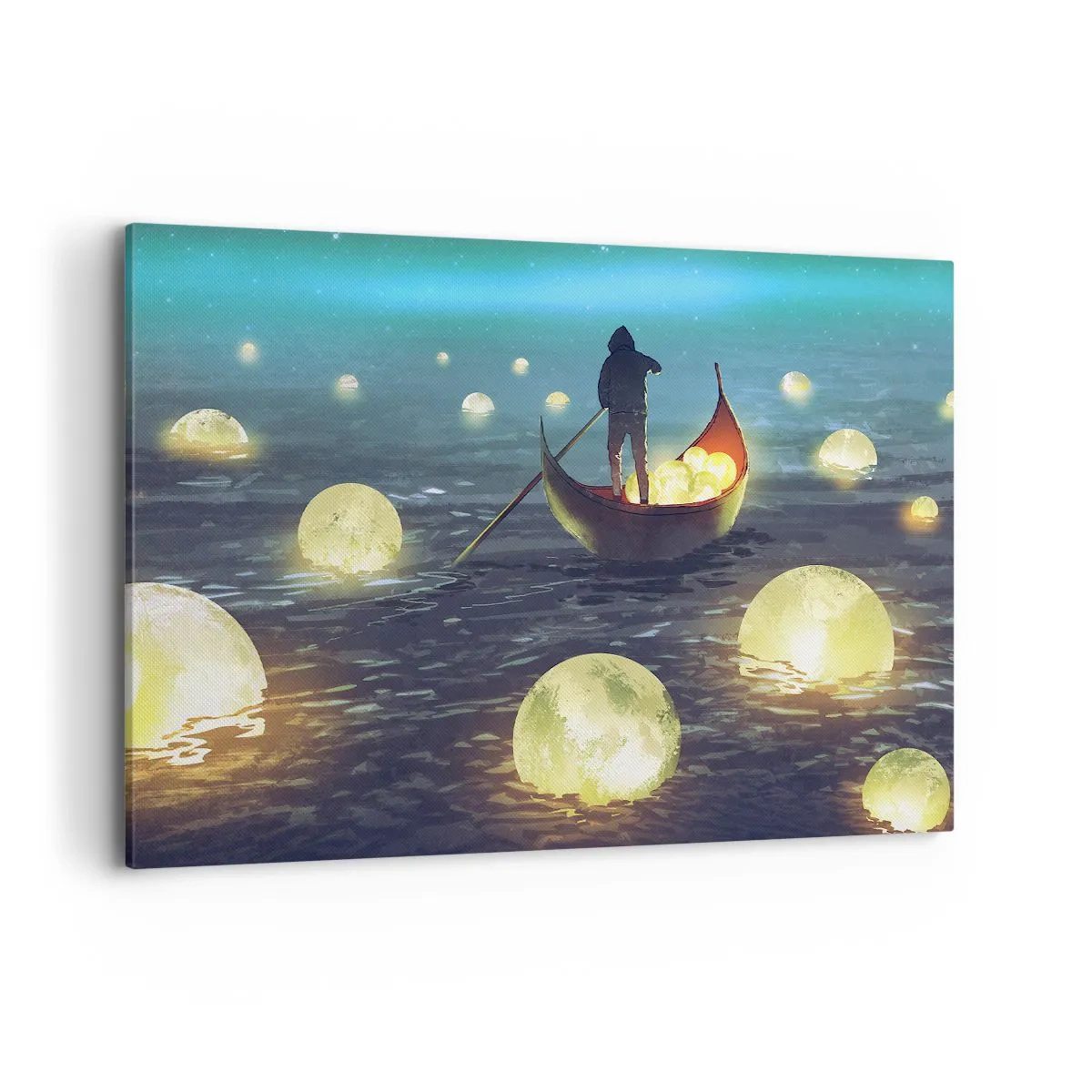 Quadro su tela - Stampe su Tela - Una figura in una barca circondata da sfere luminose sull'acqua - 100x70cm - Cose che neanche i filosofi hanno sognato - Decorazione murale moderna per soggiorno e camera da letto ARTTOR