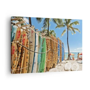 Quadro su tela - Stampe su Tela - Tavole da surf su una spiaggia con palme - 70x50cm - Divertimento sotto il sole - Decorazione murale moderna per soggiorno e camera da letto ARTTOR