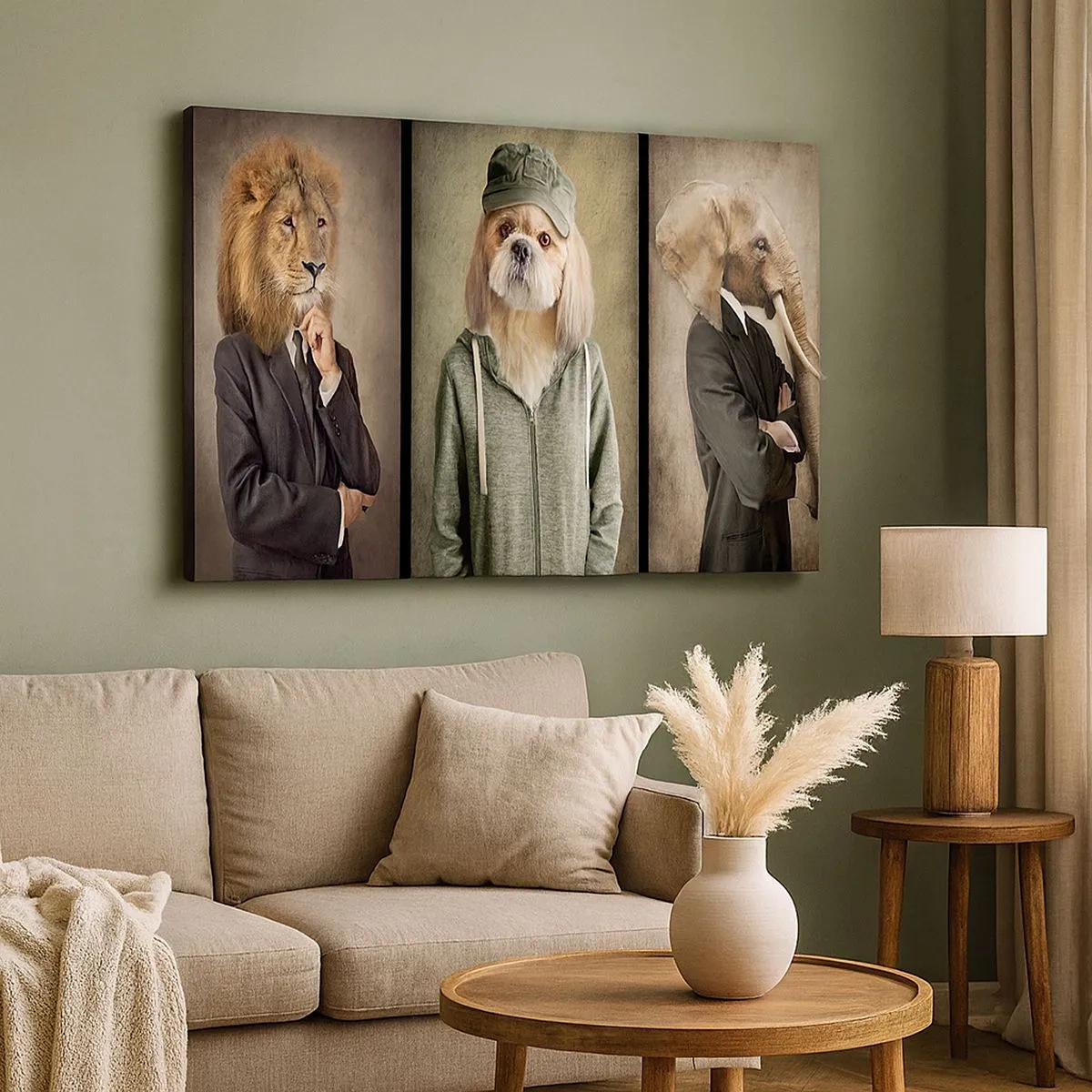 Quadro su tela - Stampe su Tela - Ritratti stilizzati di un leone, un cane e un elefante in abiti eleganti - 70x50cm - Preferisco casual - Decorazione murale moderna per soggiorno e camera da letto ARTTOR