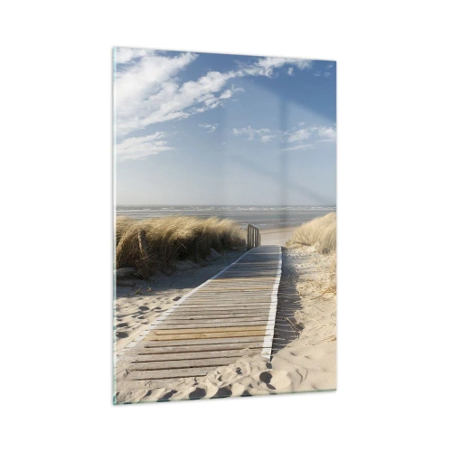 Quadro su vetro - Sentiero in legno attraverso le dune che conduce alla spiaggia - 50x70cm - Dopo la duna, nel fruscio dell'erba - Decorazione murale moderna per soggiorno e camera da letto ARTTOR