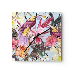 Orologio da parete - Orologio in Vetro - Uccelli esotici tra i fiori tropicali - 30x30cm - Petali e piume - Decorazione murale moderna per soggiorno e camera da letto ARTTOR