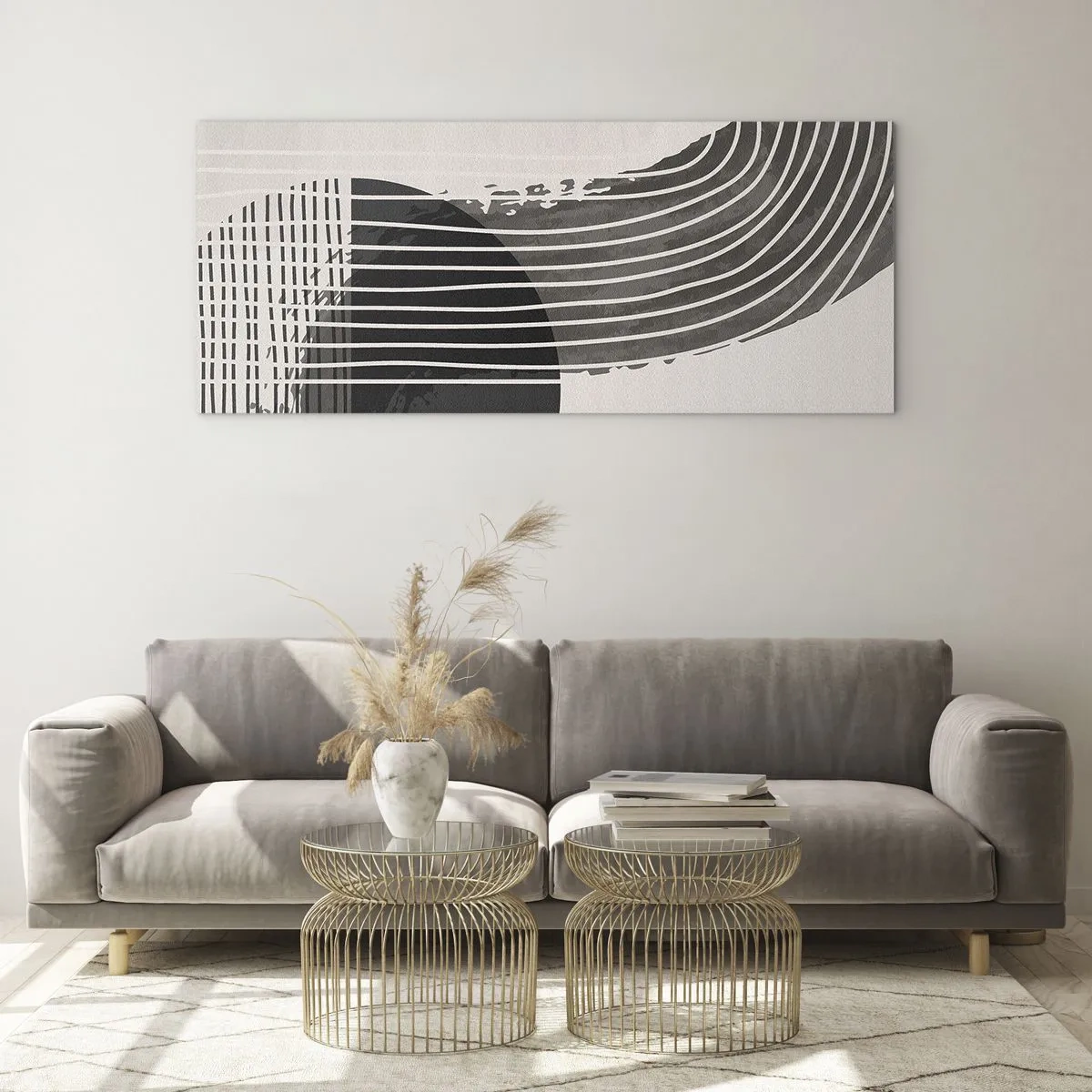 Quadro su vetro - Motivo astratto con linee e forme geometriche - 140x50cm - Andata e ritorno - Decorazione murale moderna per soggiorno e camera da letto ARTTOR