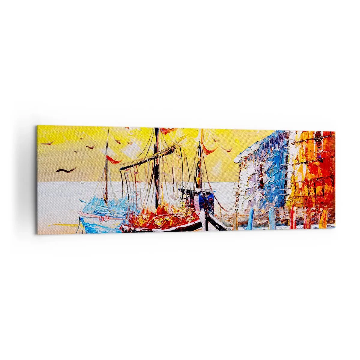 Quadro su tela - Stampe su Tela - Pittoresco porto al tramonto con barche da pesca - 160x50cm - Ritorno felice - Decorazione murale moderna per soggiorno e camera da letto ARTTOR
