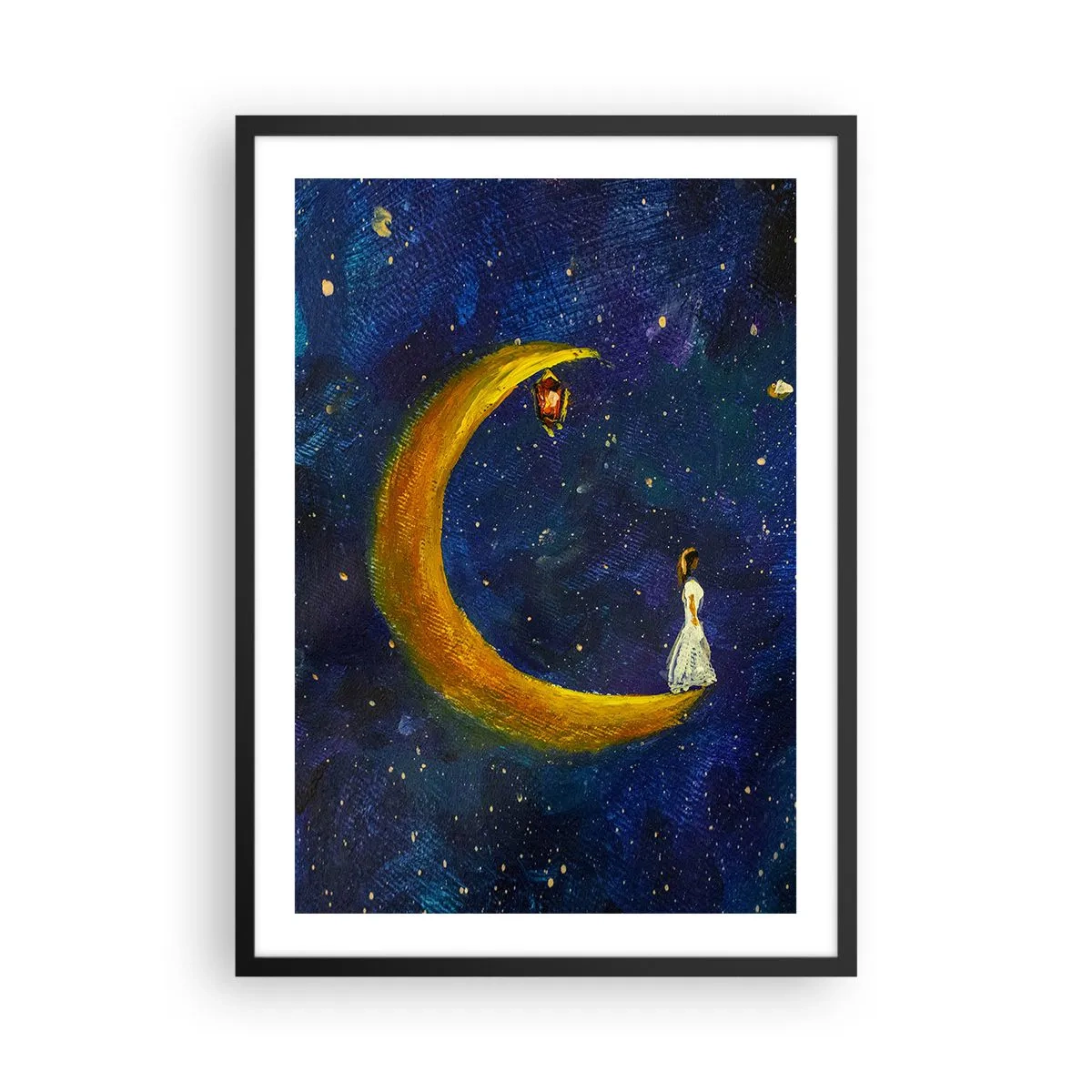 Poster in cornice nera - Una figura su una luna dorata contro un cielo notturno con stelle - 50x70cm - Il richiamo del mondo - Decorazione murale moderna per soggiorno e camera da letto ARTTOR
