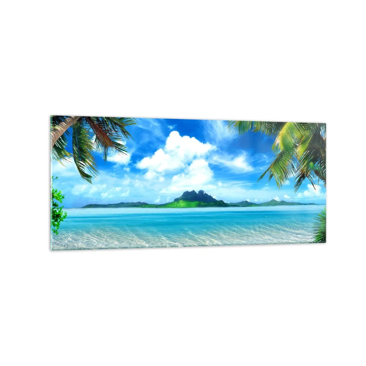 Quadro su vetro - Spiaggia tropicale con palme e vista sull'isola - 120x50cm - L'azzurro dei tropici - Decorazione murale moderna per soggiorno e camera da letto ARTTOR