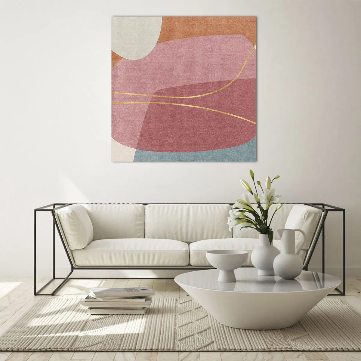 Quadro su vetro - Composizione pastello con filo dorato - 40x40 cm