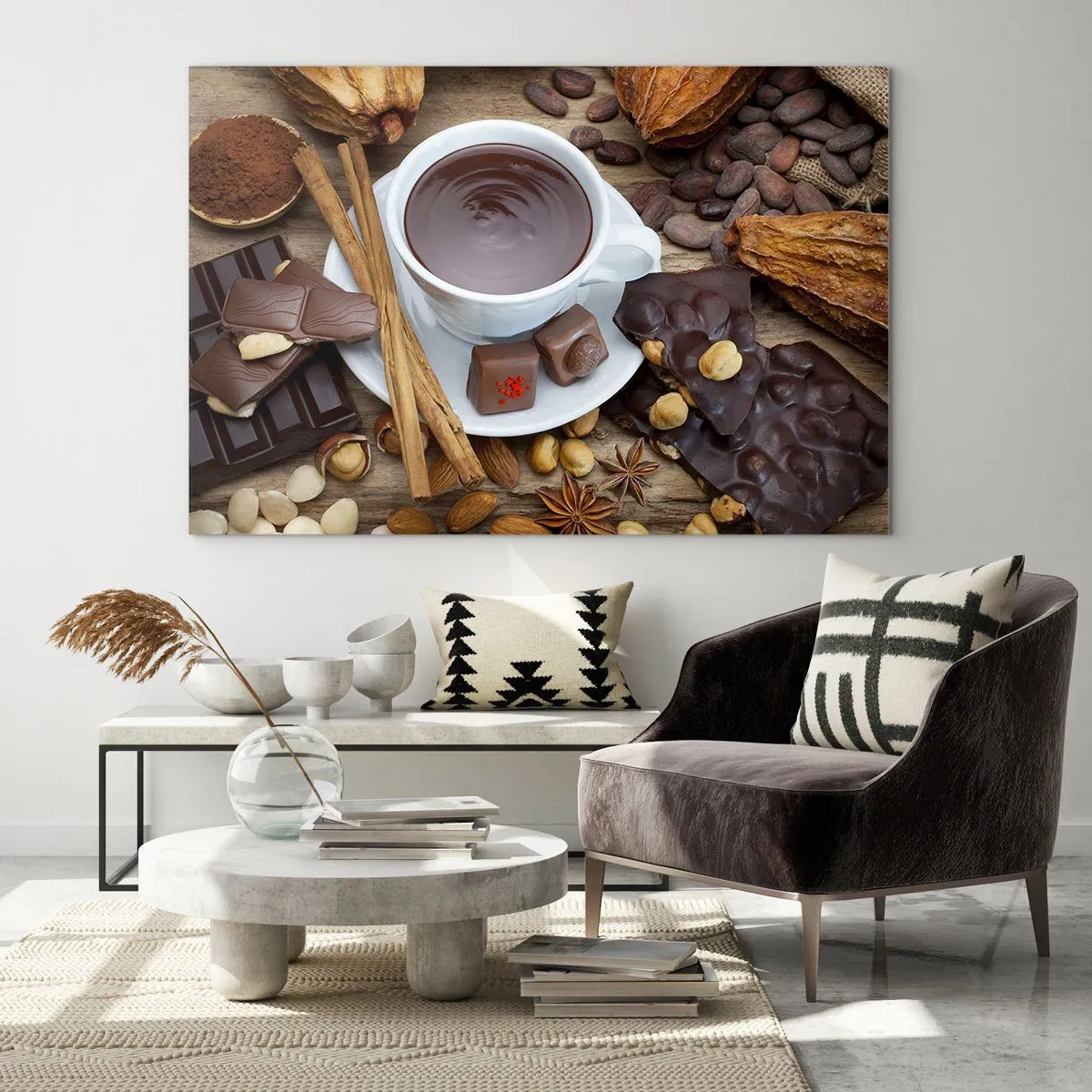 Quadro su vetro - Una tazza di cioccolata calda con guarnizioni su uno sfondo rustico - 70x50cm - Dalla fantastica fabbrica di cioccolato - Decorazione murale moderna per soggiorno e camera da letto ARTTOR