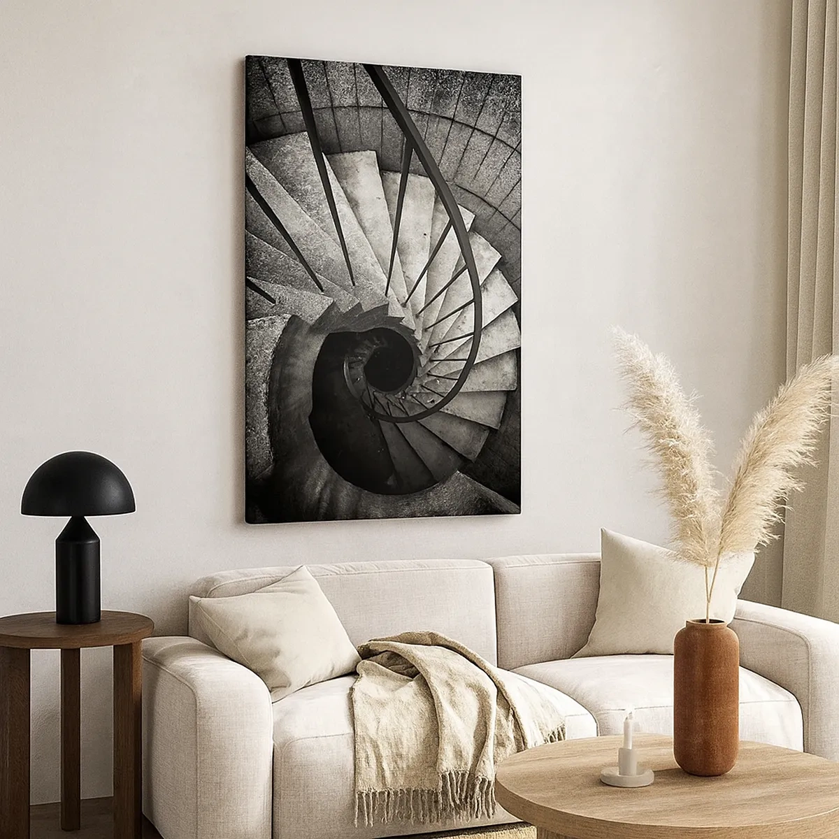 Quadro su tela - Stampe su Tela - Scala a chiocciola bianca e nera in stile moderno - 50x70cm - Salire e scendere - Decorazione murale moderna per soggiorno e camera da letto ARTTOR