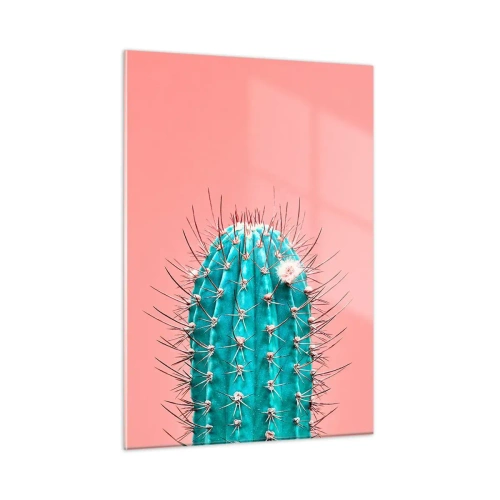 Quadro su vetro - Cactus verde con spine su sfondo rosa - 50x70cm - Stai attento - Decorazione murale moderna per soggiorno e camera da letto ARTTOR