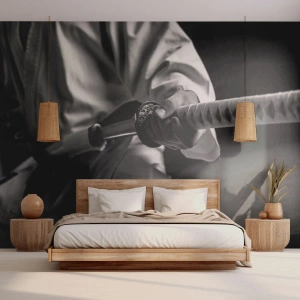 Fotomurali Premium Sand - Un guerriero in kimono che impugna una katana in uno scatto dinamico - 100x70cm - L'anima del guerriero - Decorazione murale moderna per soggiorno e camera da letto ARTTOR