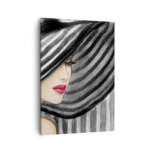 Quadro su tela - Stampe su Tela - Donna che indossa un cappello bianco e nero con un accento rosso - 50x70cm - Dove trovarti? - Decorazione murale moderna per soggiorno e camera da letto ARTTOR