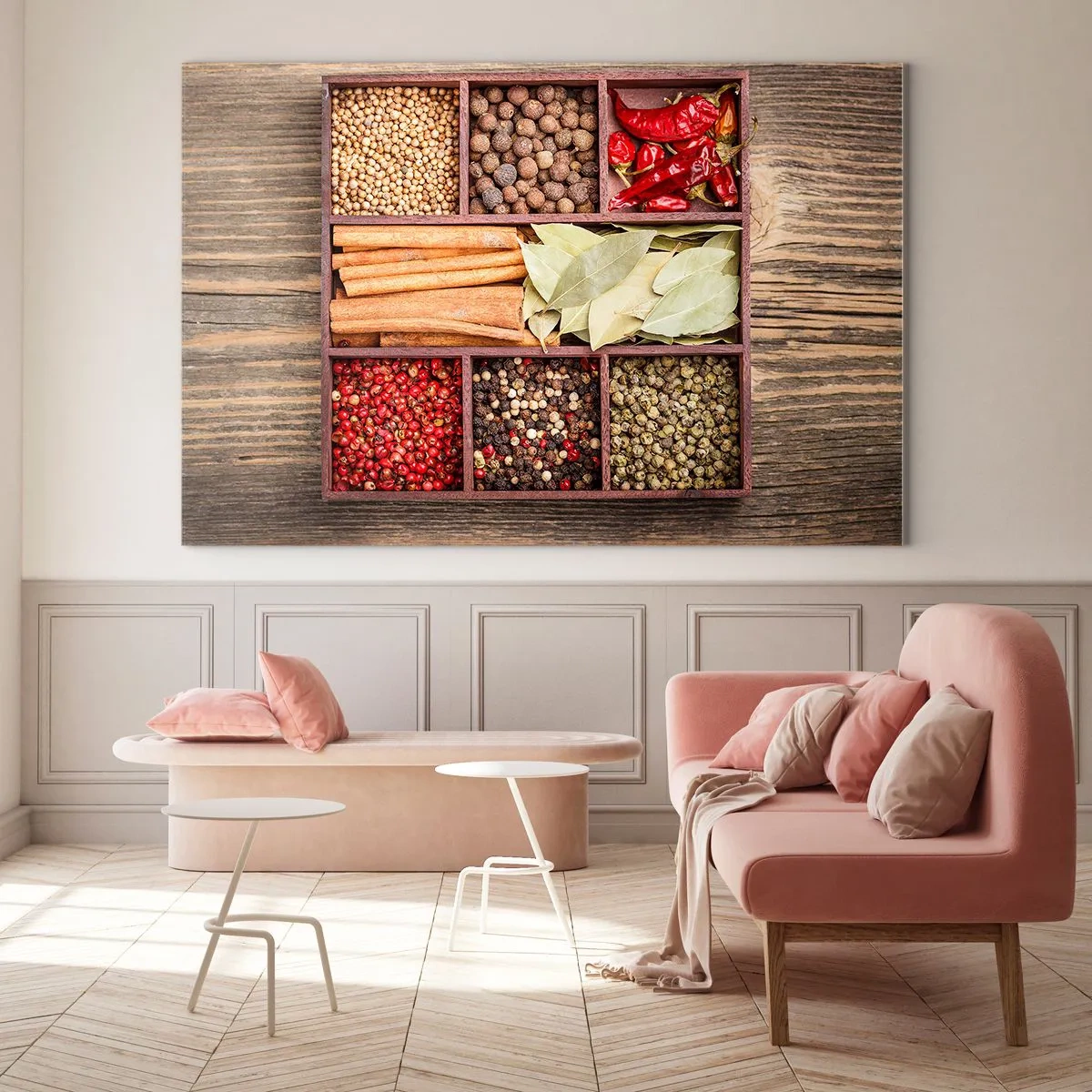 Quadro su vetro - Spezie colorate in scomparti di legno - 100x70cm - Ordine delle forme, bouquet degli aromi - Decorazione murale moderna per soggiorno e camera da letto ARTTOR
