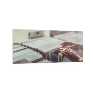 Quadro su vetro - Mani che guardano attraverso una collezione di vinili - 120x50cm - Alla ricerca di emozioni - Decorazione murale moderna per soggiorno e camera da letto ARTTOR