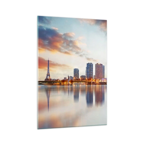 Quadro su vetro - Panorama di edifici moderni e della Torre Eiffel sull'acqua - 70x100cm - La pace monumentale di Parigi - Decorazione murale moderna per soggiorno e camera da letto ARTTOR