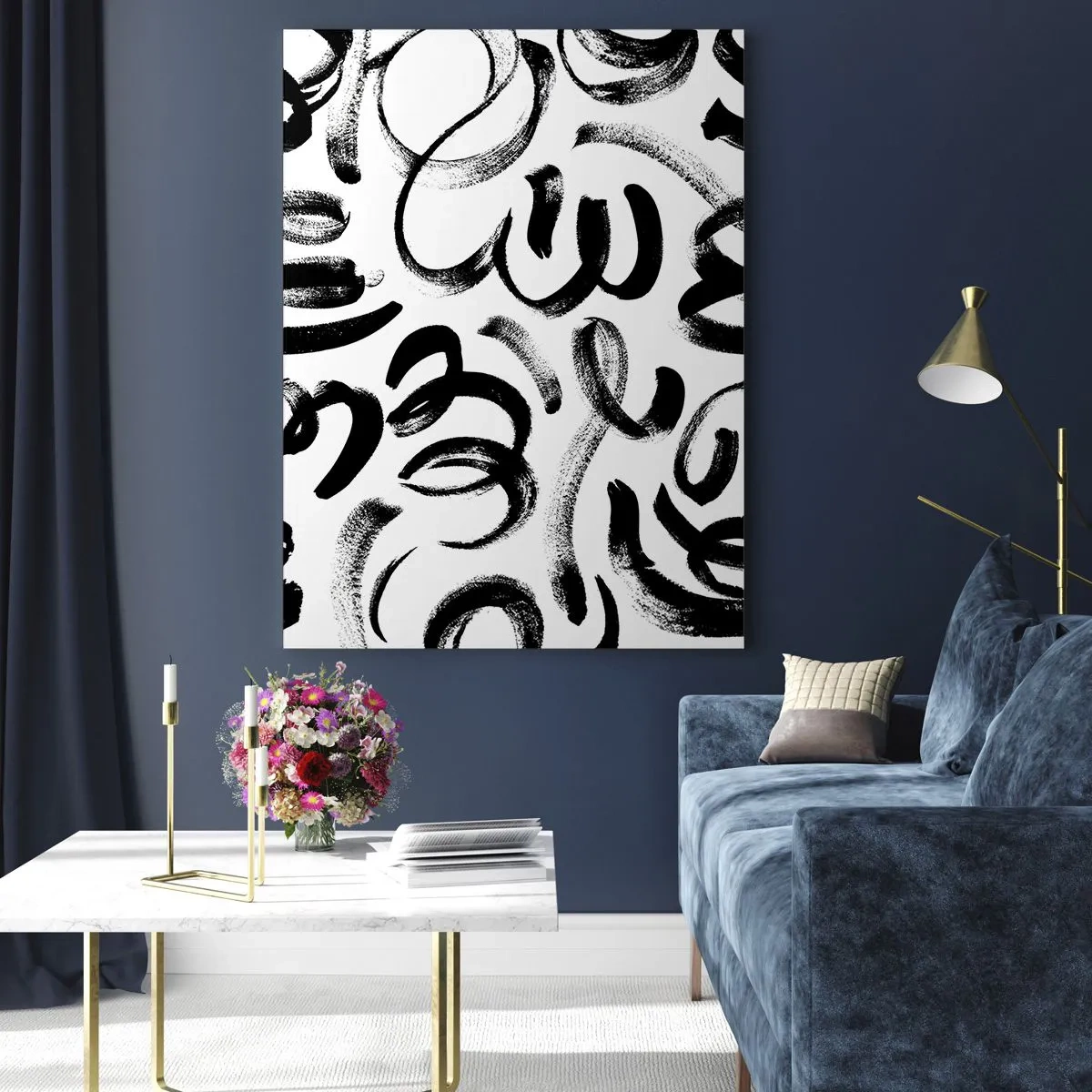 Quadro su vetro - Pennellate astratte in bianco e nero - 50x70cm - Nero su bianco - Decorazione murale moderna per soggiorno e camera da letto ARTTOR