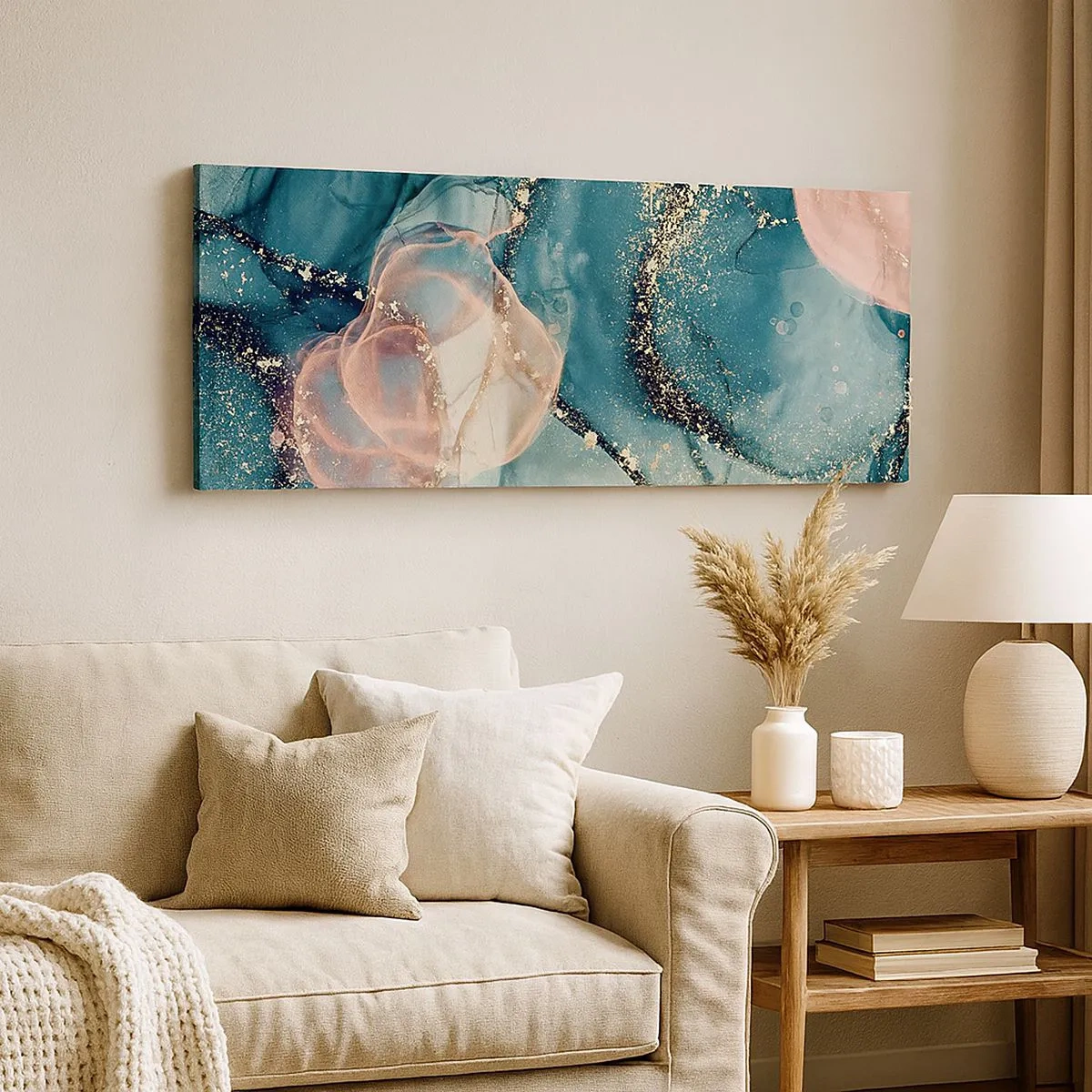 Quadro su tela - Stampe su Tela - Blu di seta, rosa di tulle - 100x40 cm