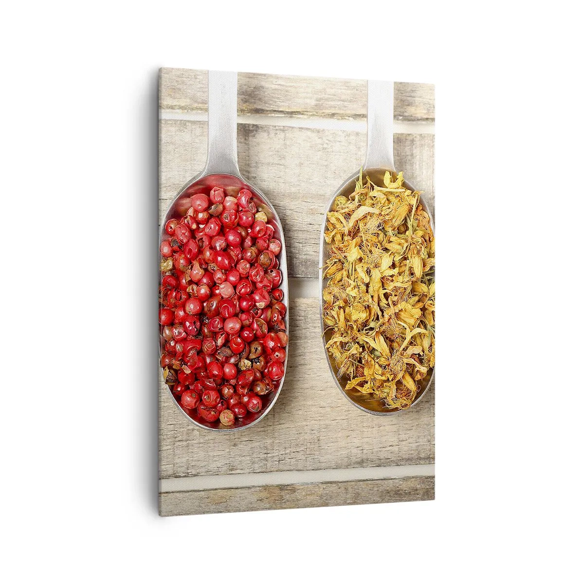 Quadro su tela - Stampe su Tela - Tre cucchiai di metallo con spezie su uno sfondo di legno - 70x100cm - Magia in cucina - Decorazione murale moderna per soggiorno e camera da letto ARTTOR