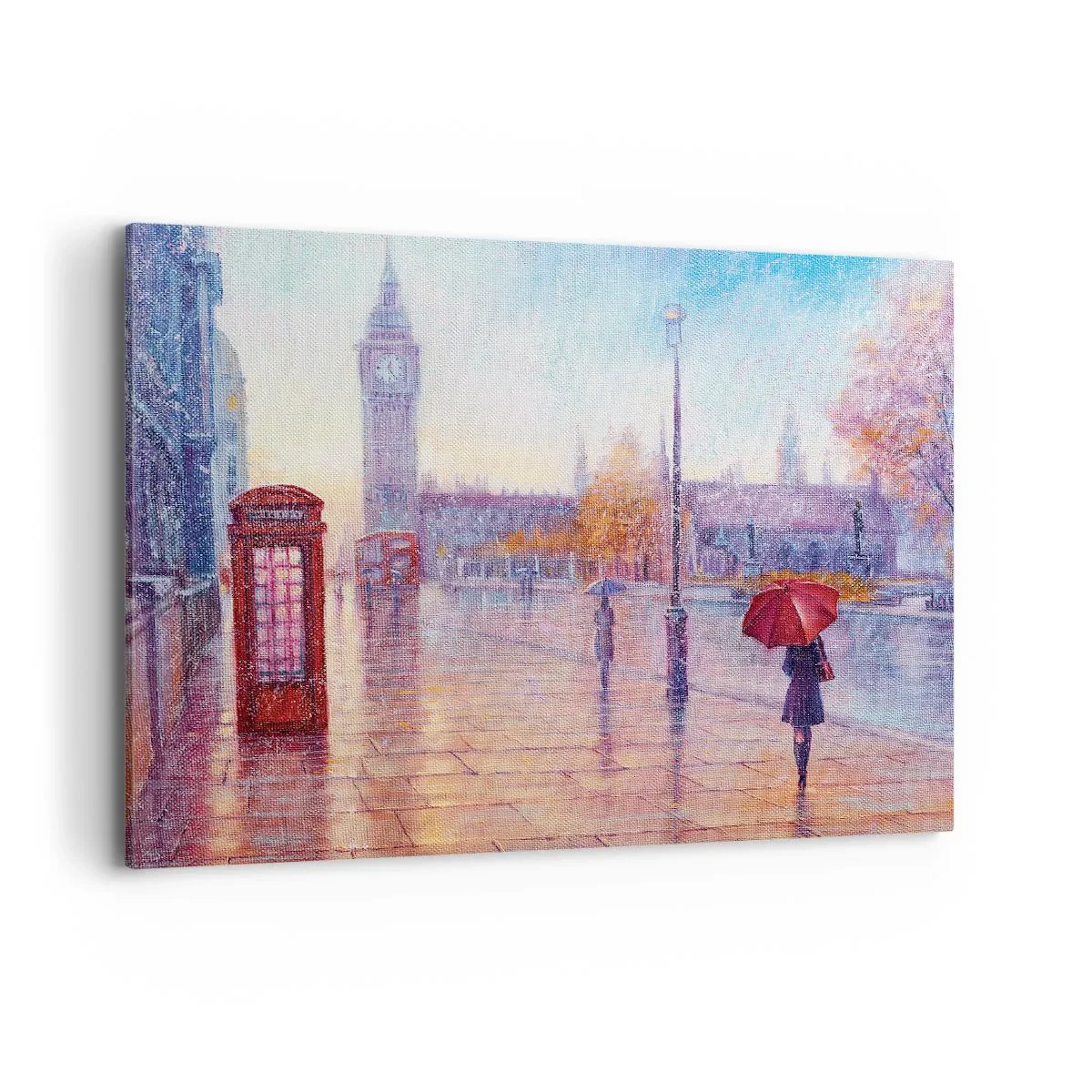 Quadro su tela - Stampe su Tela - Strada di Londra con il Big Ben in una giornata piovosa - 100x70cm - Giorno d'autunno a Londra - Decorazione murale moderna per soggiorno e camera da letto ARTTOR