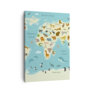 Quadro su tela - Stampe su Tela - Mappa del mondo con illustrazioni di animali - 50x70cm - Buoni vicini - Decorazione murale moderna per soggiorno e camera da letto ARTTOR