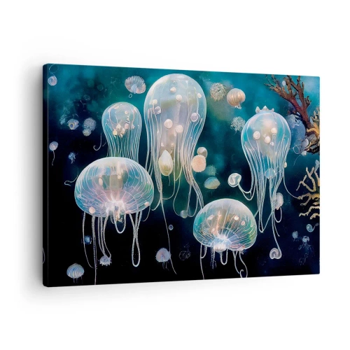 Quadro su tela - Stampe su Tela - Delicate meduse nel mondo sottomarino - 70x50cm - Danza sottomarina - Decorazione murale moderna per soggiorno e camera da letto ARTTOR