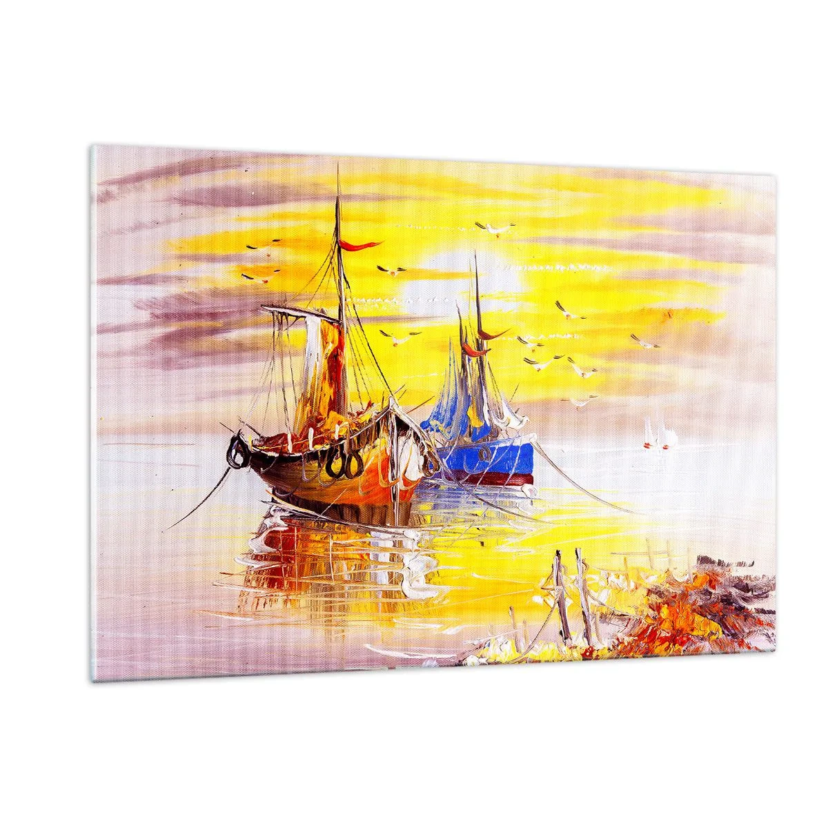Quadro su vetro - Barche da pesca al tramonto su acque calme - 120x80cm - Meritato riposo nel porto - Decorazione murale moderna per soggiorno e camera da letto ARTTOR