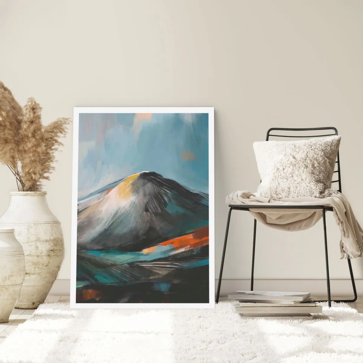 Poster - Paesaggio montano astratto nei toni del blu navy e dell'arancione - 50x70cm - Aspri e belli - Decorazione murale moderna per soggiorno e camera da letto ARTTOR