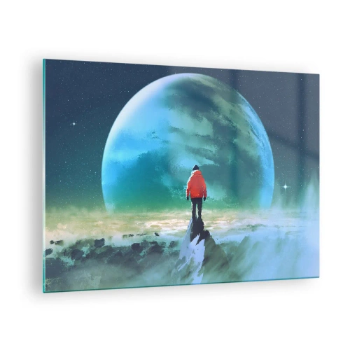 Quadro su vetro - Una figura con una giacca rossa sullo sfondo di un enorme pianeta e stelle - 70x50cm - Scopritore di una nuova terra - Decorazione murale moderna per soggiorno e camera da letto ARTTOR