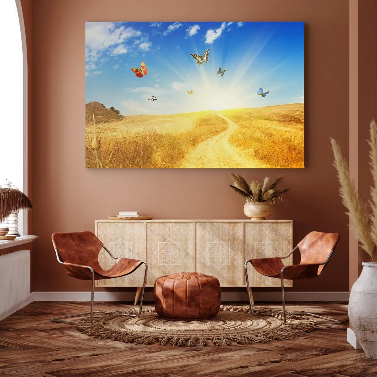Quadro su tela - Stampe su Tela - Un campo dorato, un sentiero e farfalle contro un cielo azzurro - 100x70cm - Come non amare l'estate? - Decorazione murale moderna per soggiorno e camera da letto ARTTOR