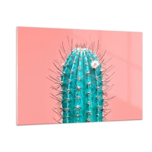 Quadro su vetro - Cactus verde con spine su sfondo rosa - 120x80cm - Stai attento - Decorazione murale moderna per soggiorno e camera da letto ARTTOR