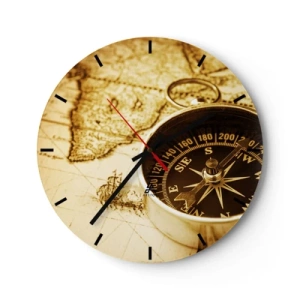 Orologio da parete - Orologio in Vetro - Una bussola sullo sfondo di una vecchia mappa dai toni caldi - 30x30cm - A est o a ovest? - Decorazione murale moderna per soggiorno, cucina e camera da letto ARTTOR