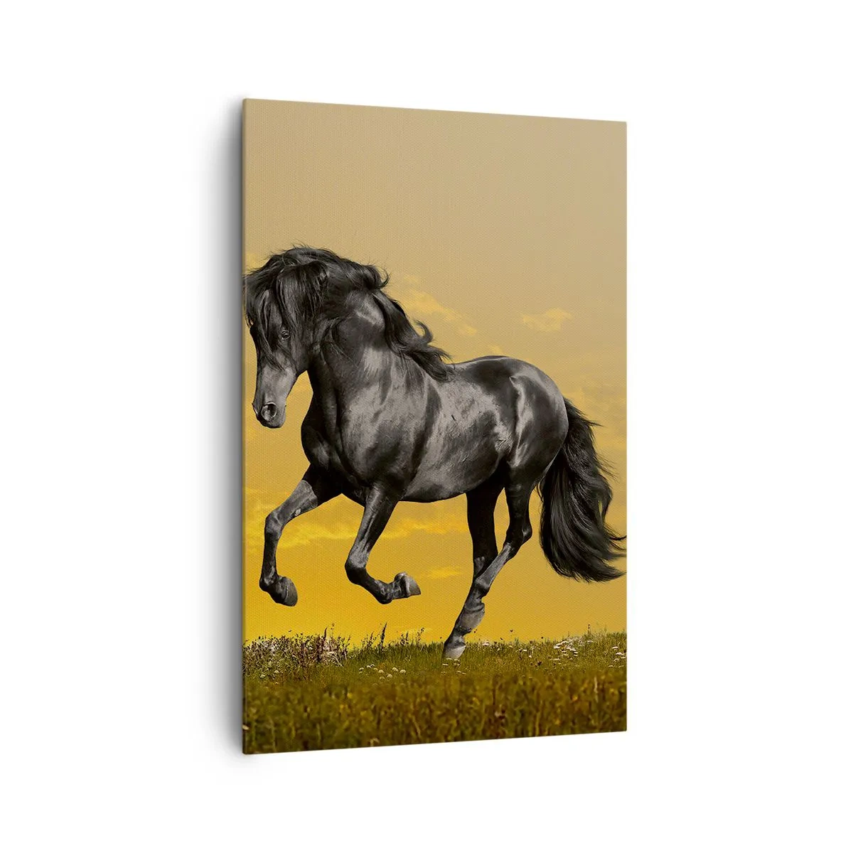 Quadro su tela - Stampe su Tela - Un cavallo nero galoppa sullo sfondo di un tramonto dorato. - 80x120cm - Bello, libero e selvaggio - Decorazione murale moderna per soggiorno e camera da letto ARTTOR