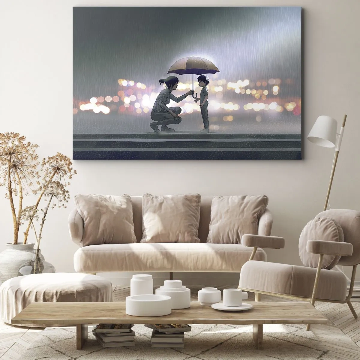Quadro su tela - Stampe su Tela - Una figura con un ombrello che protegge un bambino sullo sfondo delle luci notturne. - 70x50cm - E già tutto va bene - Decorazione murale moderna per soggiorno e camera da letto ARTTOR