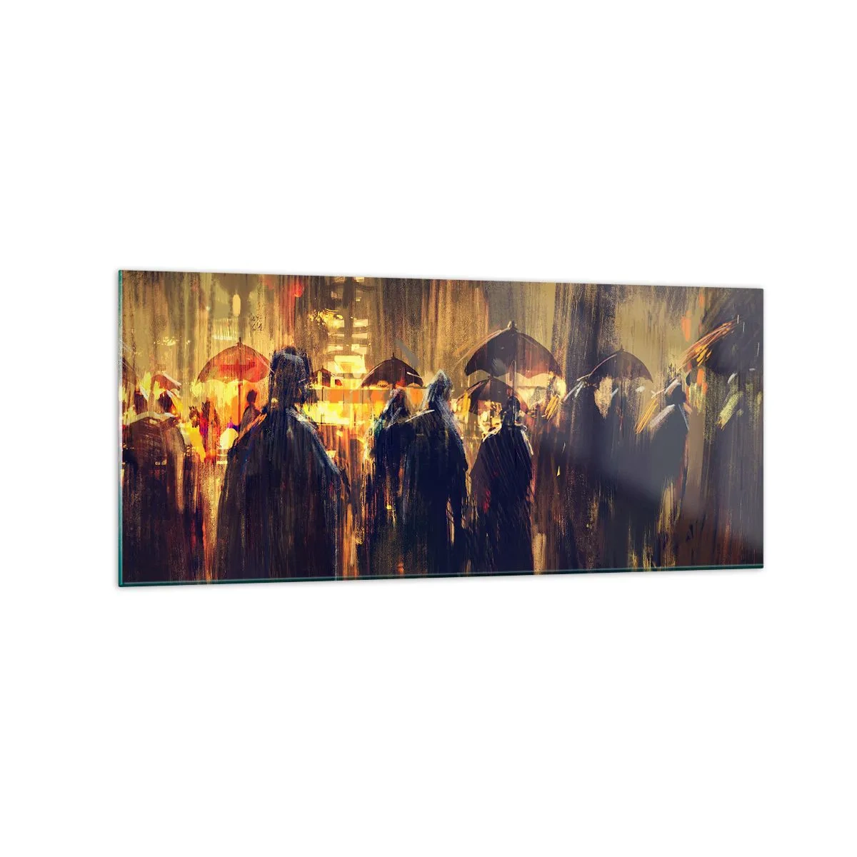 Quadro su vetro - Figure con ombrelli in una città piovosa di notte - 120x50cm - Gli adoratori della pioggia - Decorazione murale moderna per soggiorno e camera da letto ARTTOR