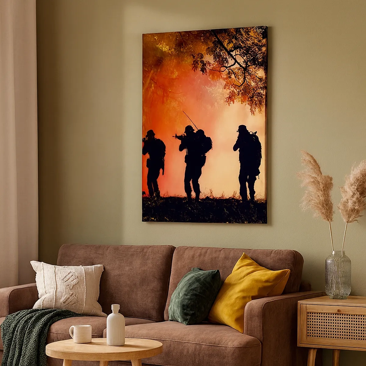 Quadro su tela - Stampe su Tela - Sagome di soldati nella foresta contro il cielo arancione - 50x70cm - …Tutti per uno. - Decorazione murale moderna per soggiorno e camera da letto ARTTOR