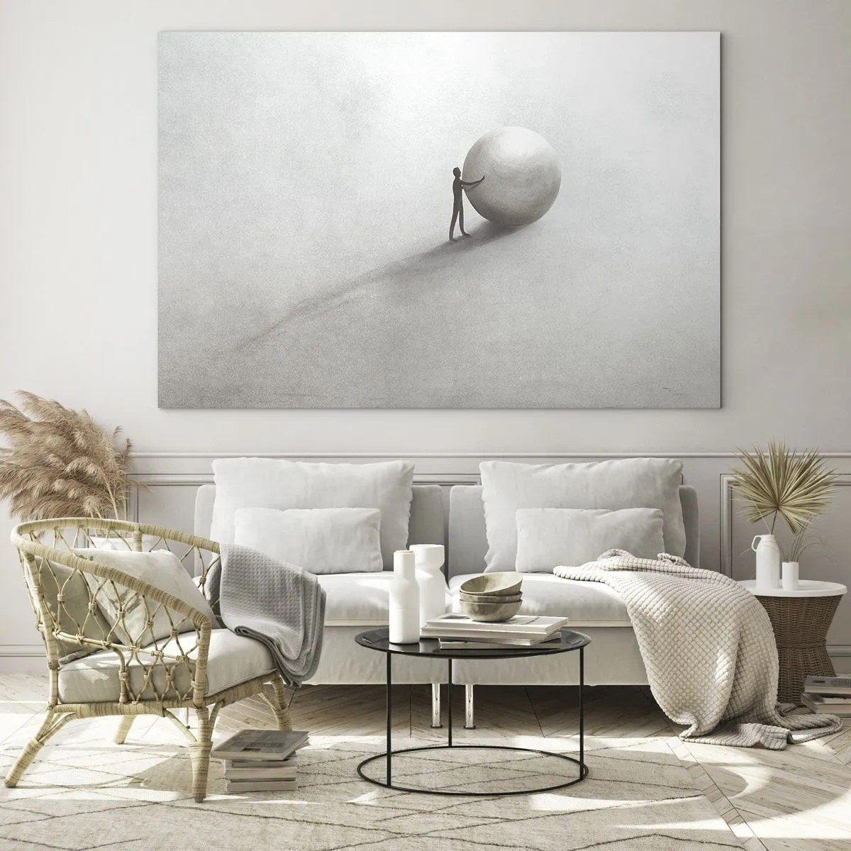 Quadro su vetro - Una silhouette minimalista di un uomo con una grande palla su uno sfondo chiaro. - 70x50cm - Il gioco della vita - Decorazione murale moderna per soggiorno e camera da letto ARTTOR