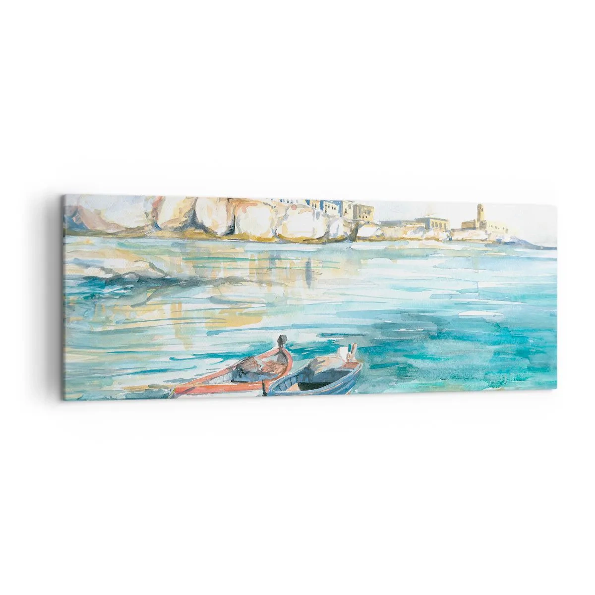 Quadro su tela - Stampe su Tela - Un pittoresco paesaggio costiero con barche sull'acqua - 140x50cm - Paesaggio in azzurro - Decorazione murale moderna per soggiorno e camera da letto ARTTOR