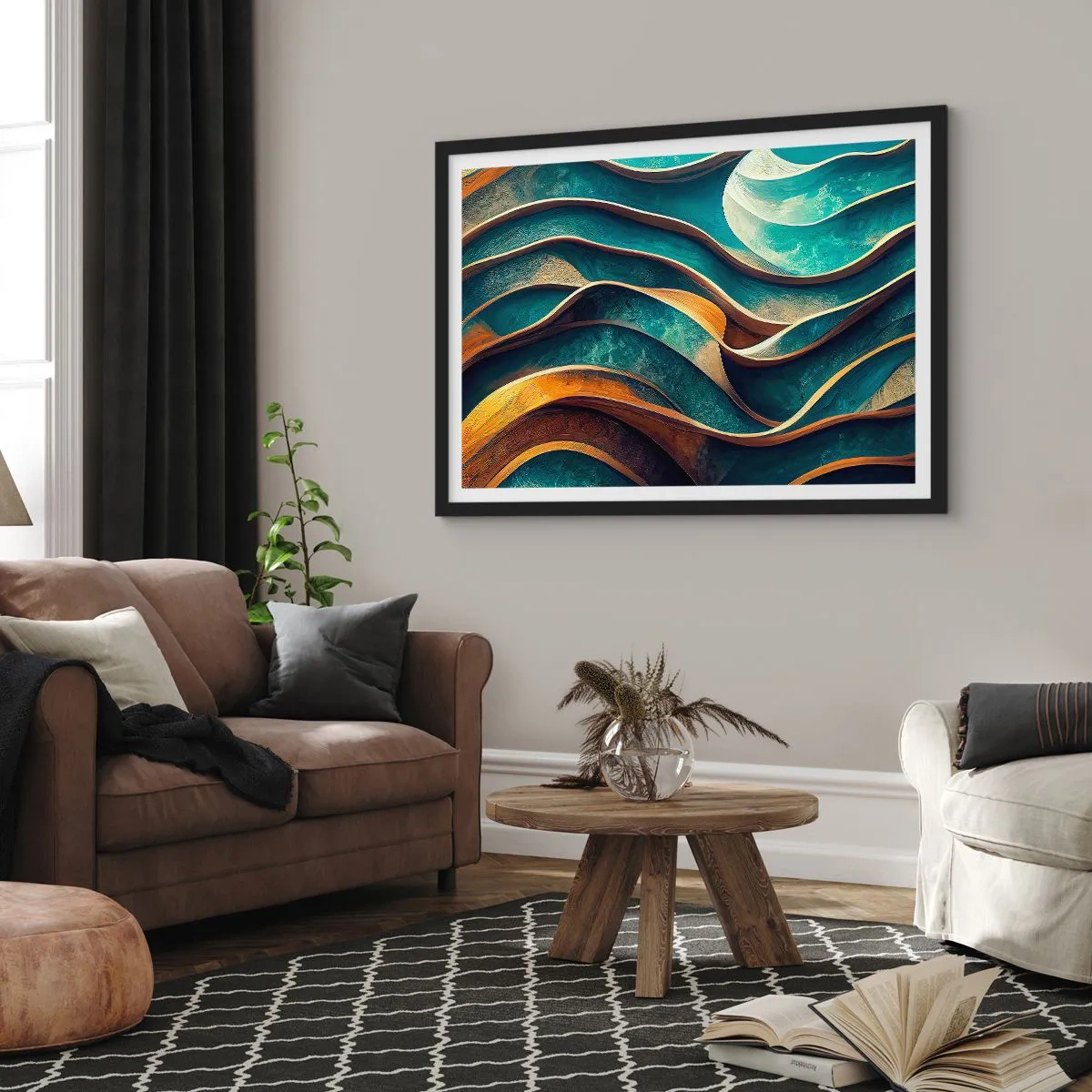 Poster in cornice nera - Onde astratte nei toni del turchese e dell'oro - 70x50cm - I meandri del blu - Decorazione murale moderna per soggiorno e camera da letto ARTTOR