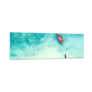 Quadro su vetro - Barche sull'acqua turchese viste da una prospettiva a volo d'uccello - 160x50cm - Nelle spiagge di Zanzibar, quando c'è troppa acqua... - Decorazione murale moderna per soggiorno e camera da letto ARTTOR