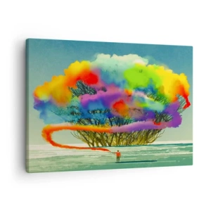 Quadro su tela - Stampe su Tela - Una figura con fumo colorato sullo sfondo di un albero nella natura selvaggia - 70x50cm - Ravvivando questo mondo - Decorazione murale moderna per soggiorno e camera da letto ARTTOR
