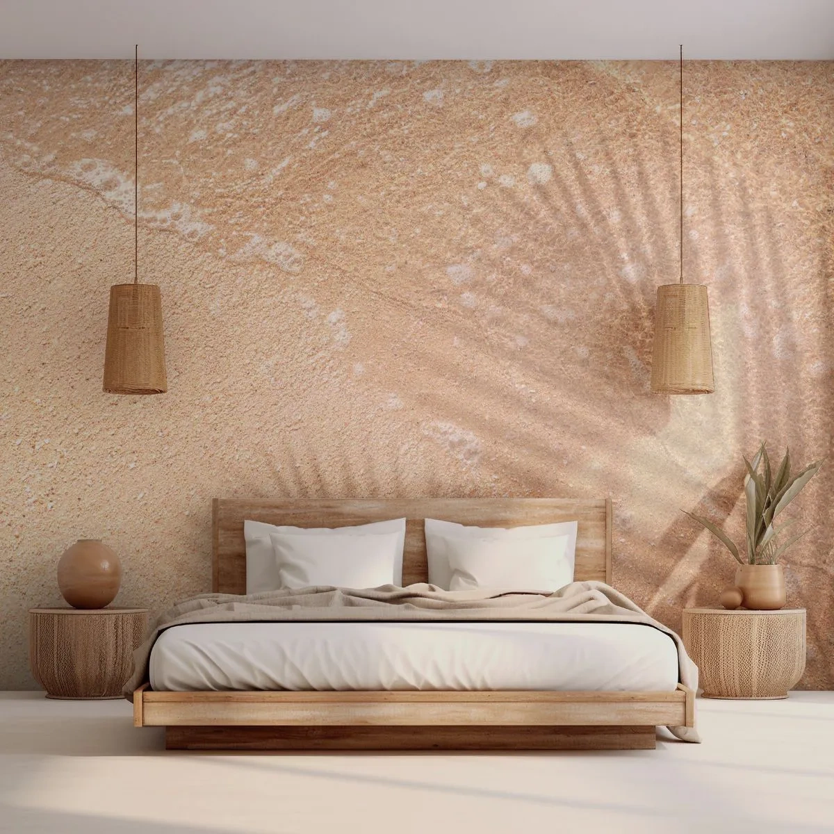 Fotomurali Premium Canvas - L'ombra di una palma sulla sabbia con un delicato motivo a onde - 100x70cm - Ombra di un'estate bollente - Decorazione murale moderna per soggiorno e camera da letto ARTTOR