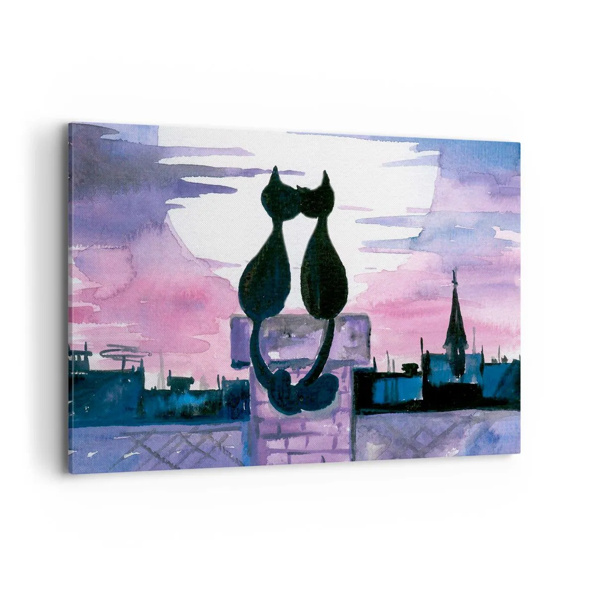 Quadro su tela - Stampe su Tela - Gatti neri su un tetto al chiaro di luna in un ambiente acquerello - 120x80cm - Appuntamento sotto la luna - Decorazione murale moderna per soggiorno e camera da letto ARTTOR
