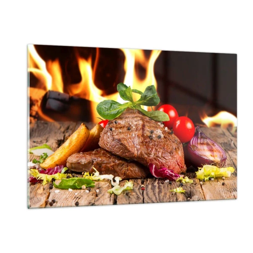 Quadro su vetro - Bistecca alla griglia con verdure sullo sfondo delle fiamme - 120x80cm - Incantate dal fuoco - Decorazione murale moderna per soggiorno e camera da letto ARTTOR