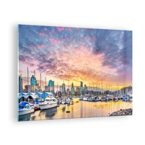 Quadro su vetro - Tramonto sul porto turistico con barche e grattacieli - 70x50cm - La città dei mille marinai - Decorazione murale moderna per soggiorno e camera da letto ARTTOR