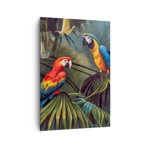 Quadro su tela - Stampe su Tela - Pappagalli in una foresta tropicale con fiori esotici sullo sfondo - 70x100cm - Romanticità ai tropici - Decorazione murale moderna per soggiorno e camera da letto ARTTOR